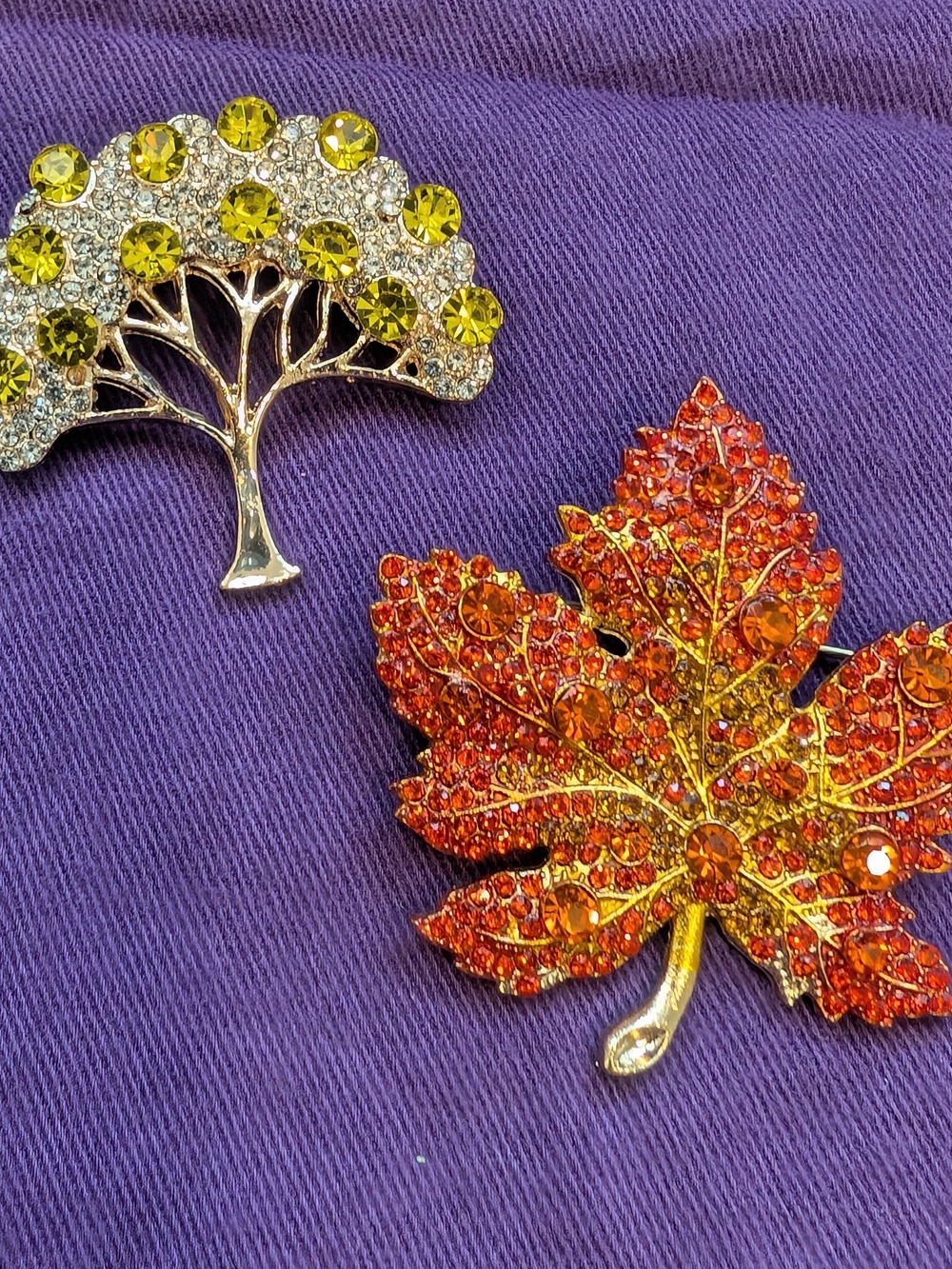 Autumn Leaf & Crystal Tree Rhinestone Brooches - Orange, Yellow, Clear
